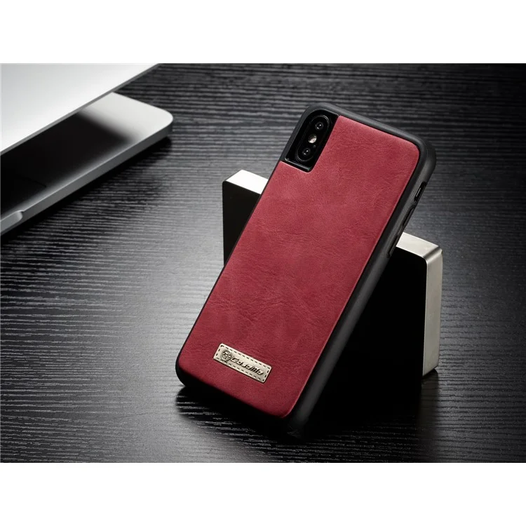 CASEME 2-in-1 Multi-functional Split Leather Wallet Cover for iPhone X / 10 5.8 inch - Red
