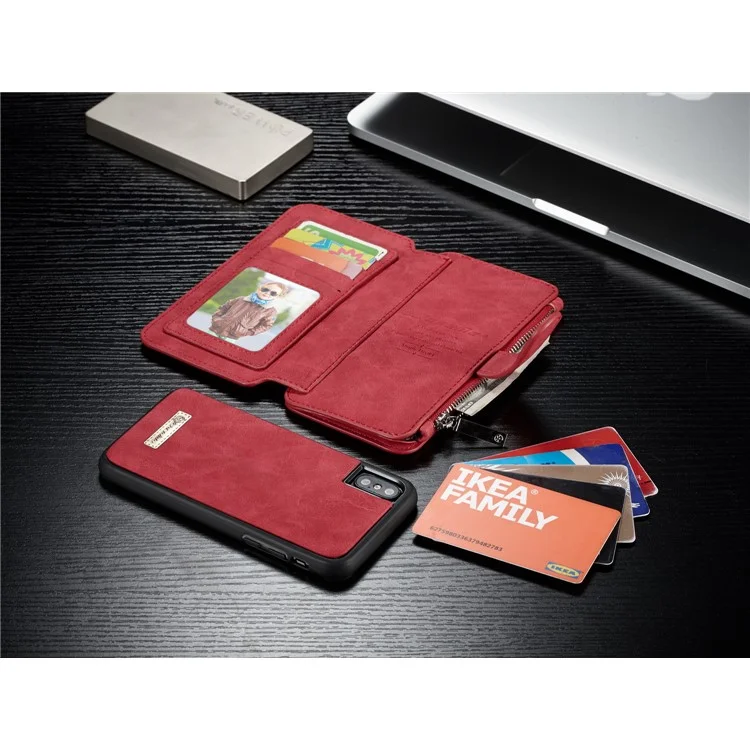 CASEME 2-in-1 Multi-functional Split Leather Wallet Cover for iPhone X / 10 5.8 inch - Red