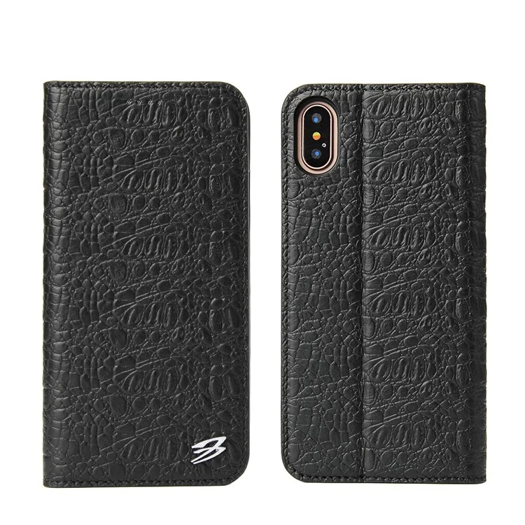 FIERRE SHANN Crocodile Texture Wallet Leather Phone Case for iPhone X 5.8 inch - Black
