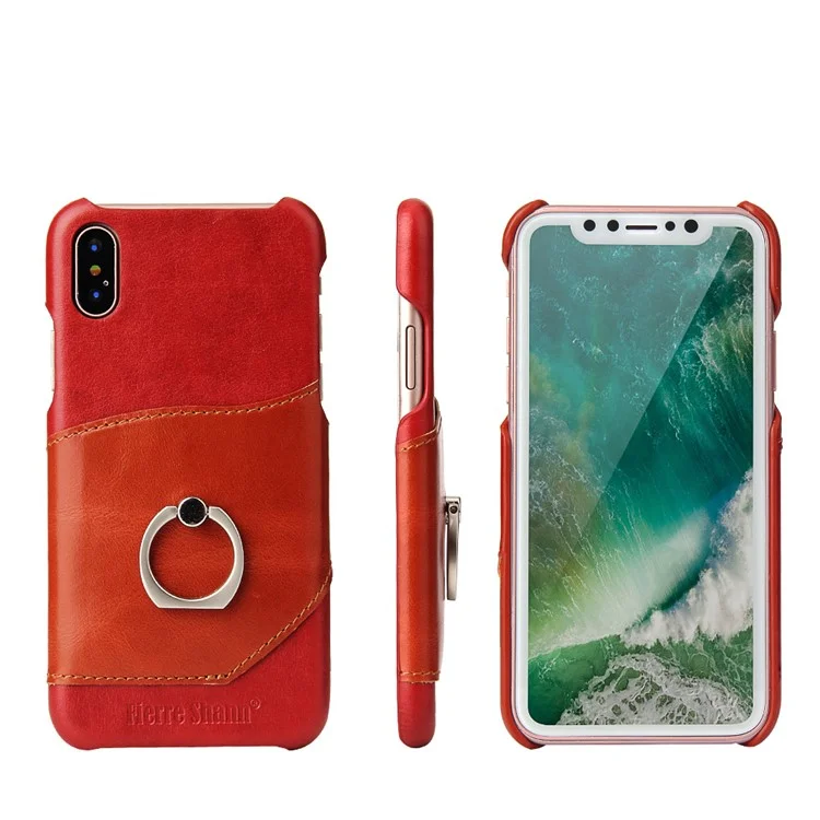 FIERRE SHANN Cowhide Leather Skin Hard Back Case with Grip Holder for iPhone X 5.8 inch - Red