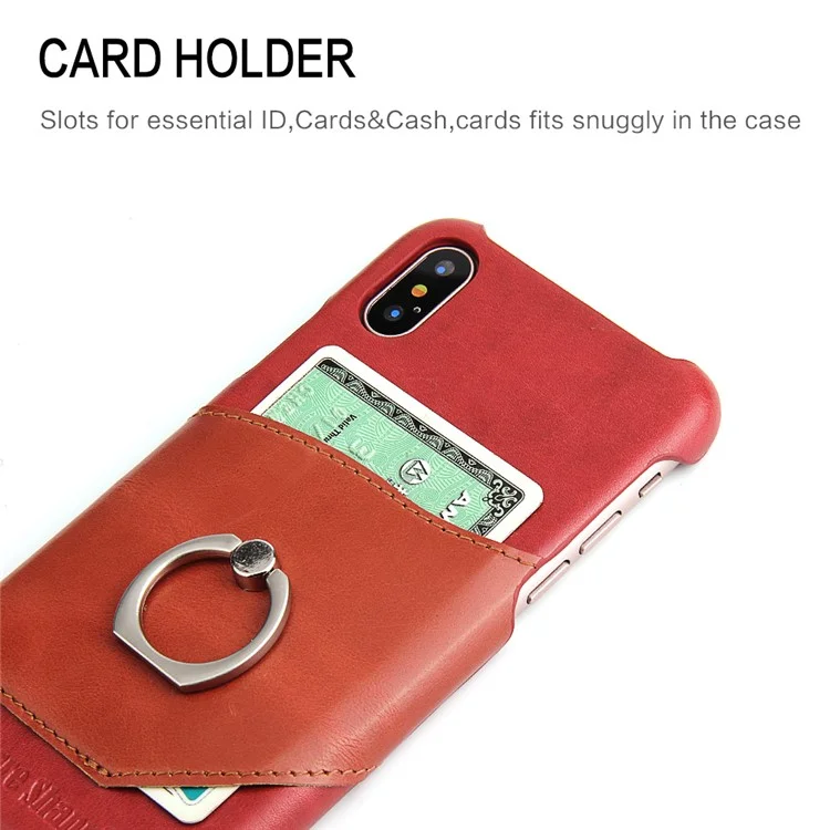 FIERRE SHANN Cowhide Leather Skin Hard Back Case with Grip Holder for iPhone X 5.8 inch - Red
