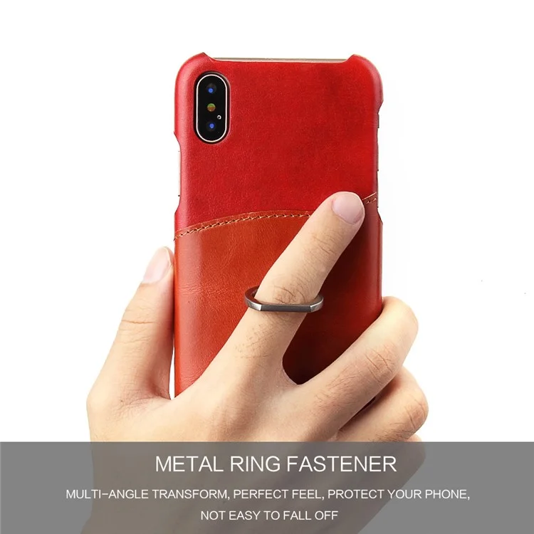 FIERRE SHANN Cowhide Leather Skin Hard Back Case with Grip Holder for iPhone X 5.8 inch - Red