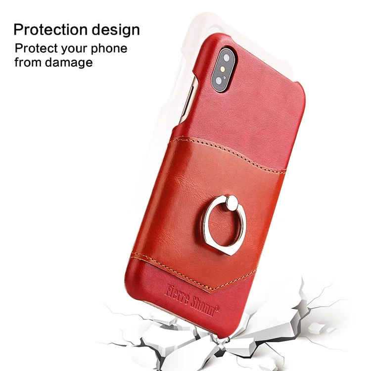 FIERRE SHANN Cowhide Leather Skin Hard Back Case with Grip Holder for iPhone X 5.8 inch - Red