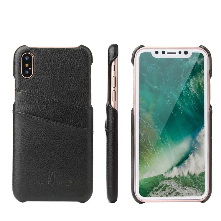 FIERRE SHANN Split Leather Coated PC Back Cover with Card Holder for iPhone X 5.8 inch - Black