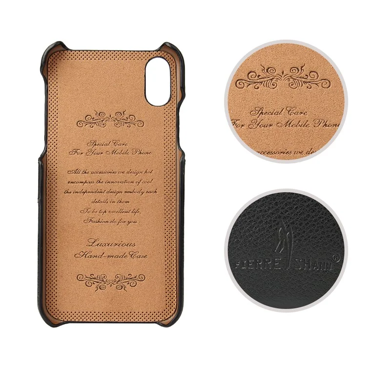 FIERRE SHANN Split Leather Coated PC Back Cover with Card Holder for iPhone X 5.8 inch - Black