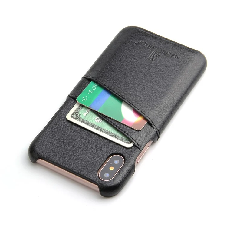 FIERRE SHANN Split Leather Coated PC Back Cover with Card Holder for iPhone X 5.8 inch - Black