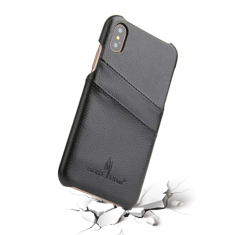 FIERRE SHANN Split Leather Coated PC Back Cover with Card Holder for iPhone X 5.8 inch - Black
