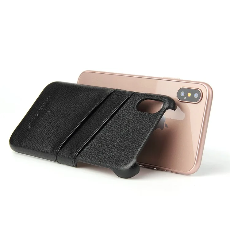 FIERRE SHANN Split Leather Coated PC Back Cover with Card Holder for iPhone X 5.8 inch - Black