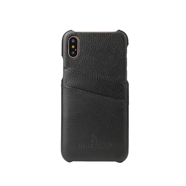 FIERRE SHANN Split Leather Coated PC Back Cover with Card Holder for iPhone X 5.8 inch - Black