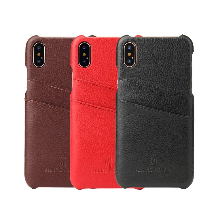 FIERRE SHANN Split Leather Coated PC Back Cover with Card Holder for iPhone X 5.8 inch - Black