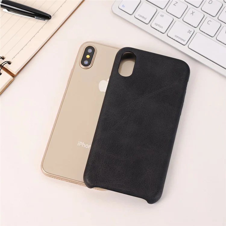 Retro Style Crazy Horse Leather Coated PC Back Case for iPhone X 5.8 inch - Black