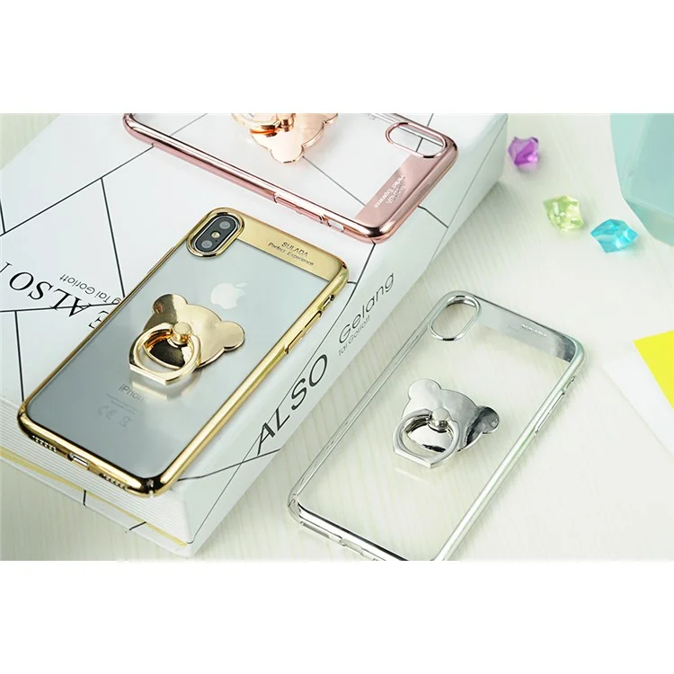 SULADA Bear Ring Holder Kickstand Plated PC Hard Case for iPhone X 5.8 inch - Black