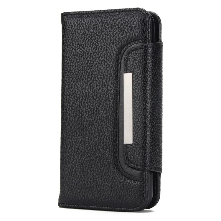 Litchi Skin Wallet Leather Case + Detachable TPU Cover for iPhone X - Black