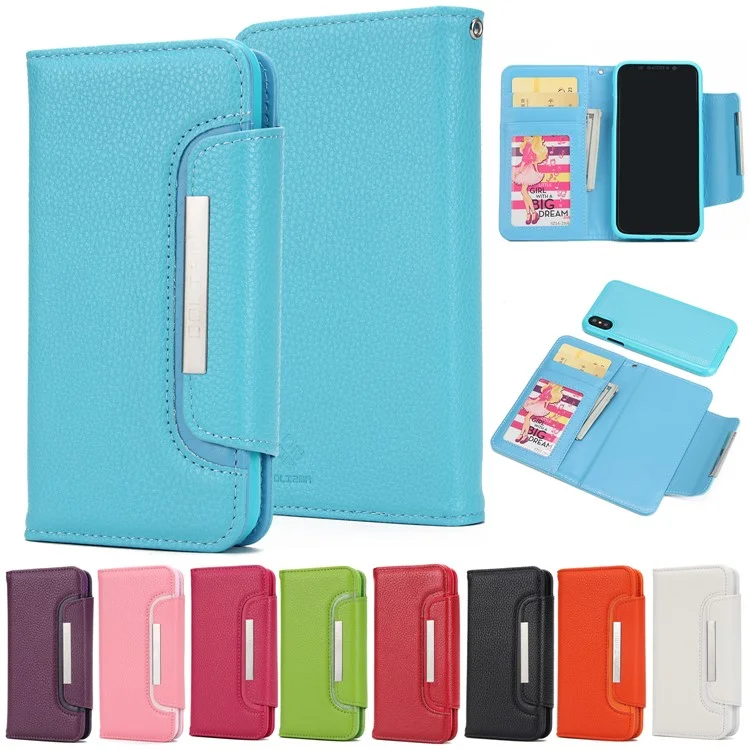 Litchi Skin Wallet Leather Case + Detachable TPU Cover for iPhone X - Black