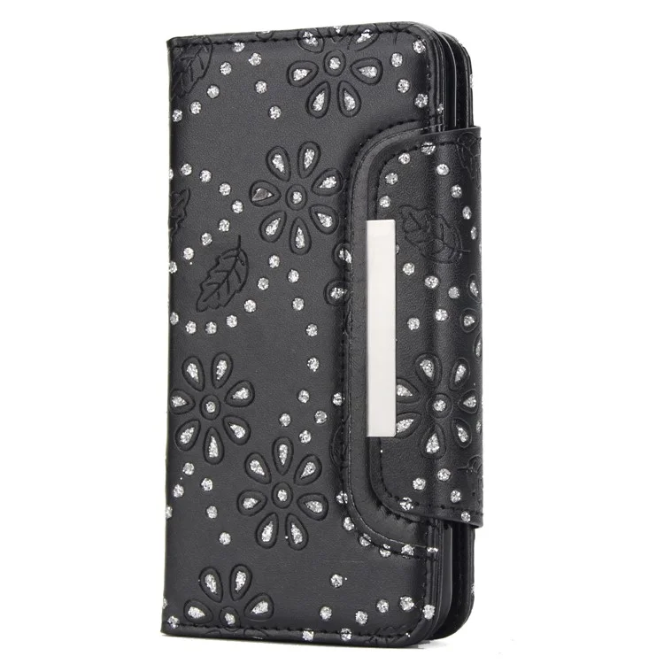 Glittery Leaves Flowers Leather Wallet Cover + Detachable Inner TPU Back Case for iPhone X 5.8 inch - Black