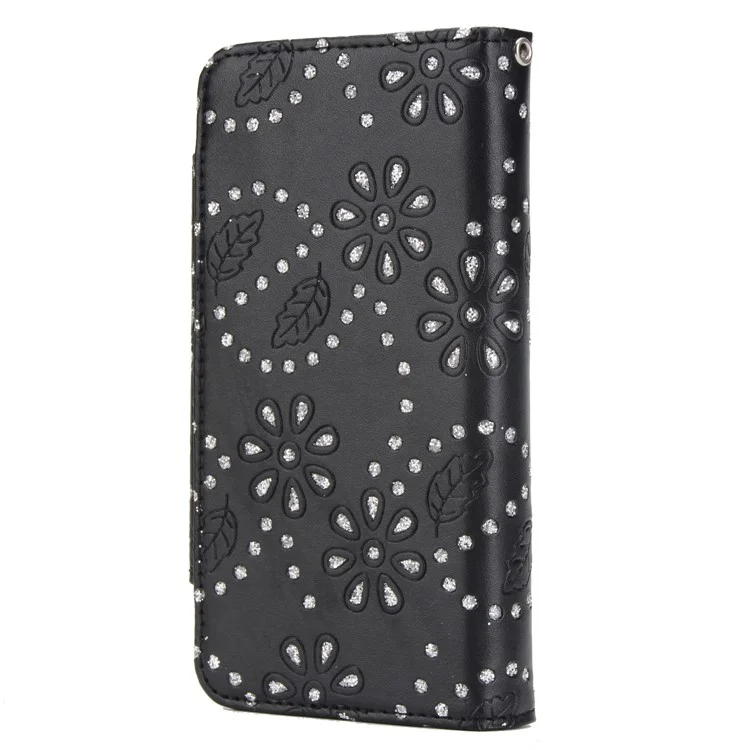 Glittery Leaves Flowers Leather Wallet Cover + Detachable Inner TPU Back Case for iPhone X 5.8 inch - Black