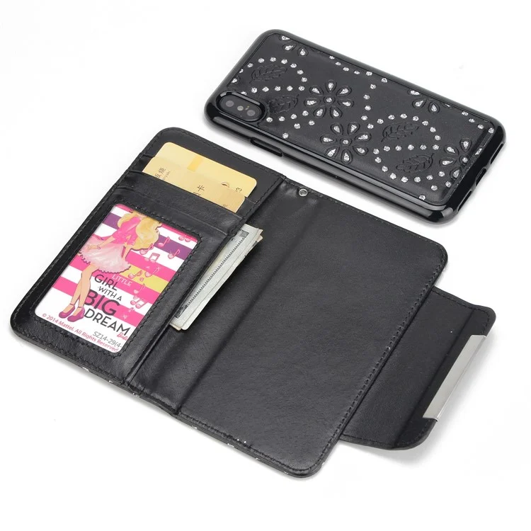 Glittery Leaves Flowers Leather Wallet Cover + Detachable Inner TPU Back Case for iPhone X 5.8 inch - Black