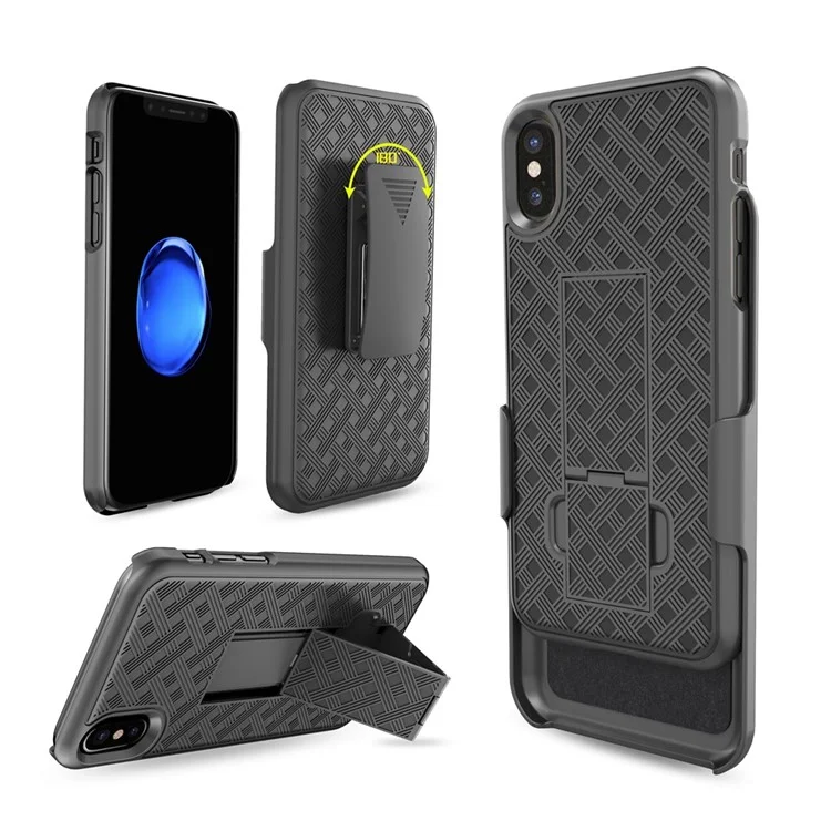Woven Texture PC + TPU Swivel Belt Clip Holster Case for iPhone X (Ten) - Black