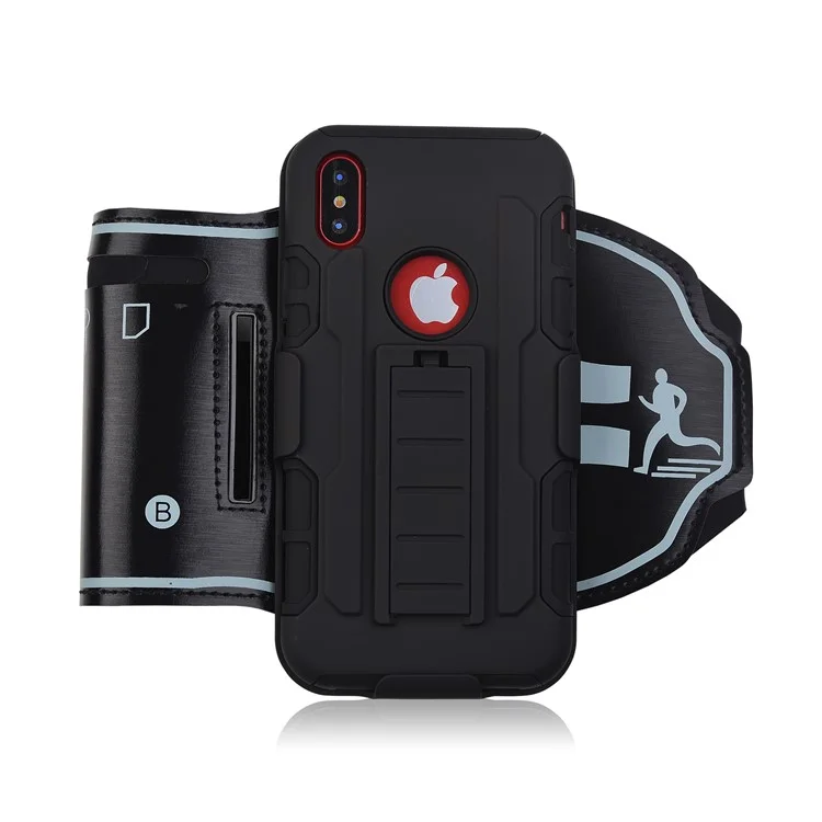 For iPhone X/10 5.8 inch Armband Case PC + TPU Hybrid Cover with Kickstand