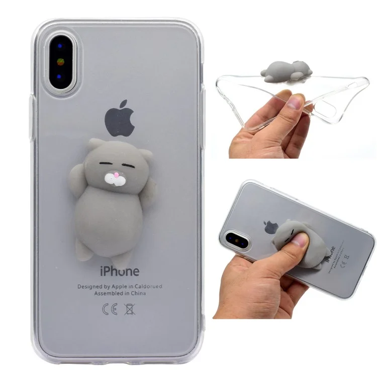 Nail Pinch Squishy 3D Silicone Cartoon Clear TPU Case for iPhone X 5.8 inch - Grey Cat