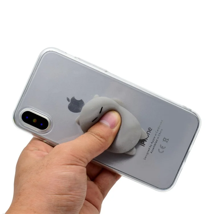 Nail Pinch Squishy 3D Silicone Cartoon Clear TPU Case for iPhone X 5.8 inch - Grey Cat
