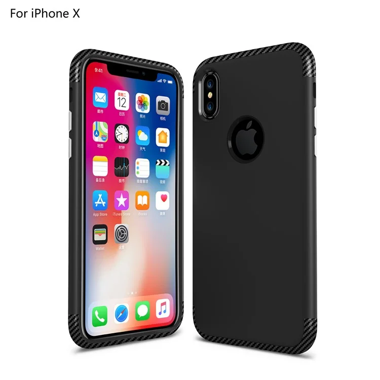 2-in-1 Carbon Fiber Texture TPU + Matte PC Hybrid Mobile Phone Case Accessory for iPhone X - Black