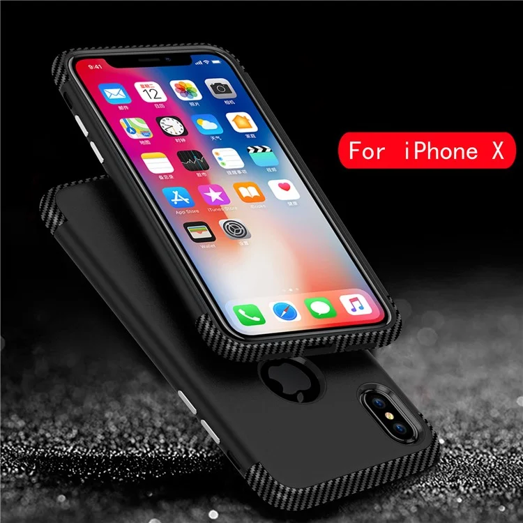 2-in-1 Carbon Fiber Texture TPU + Matte PC Hybrid Mobile Phone Case Accessory for iPhone X - Black