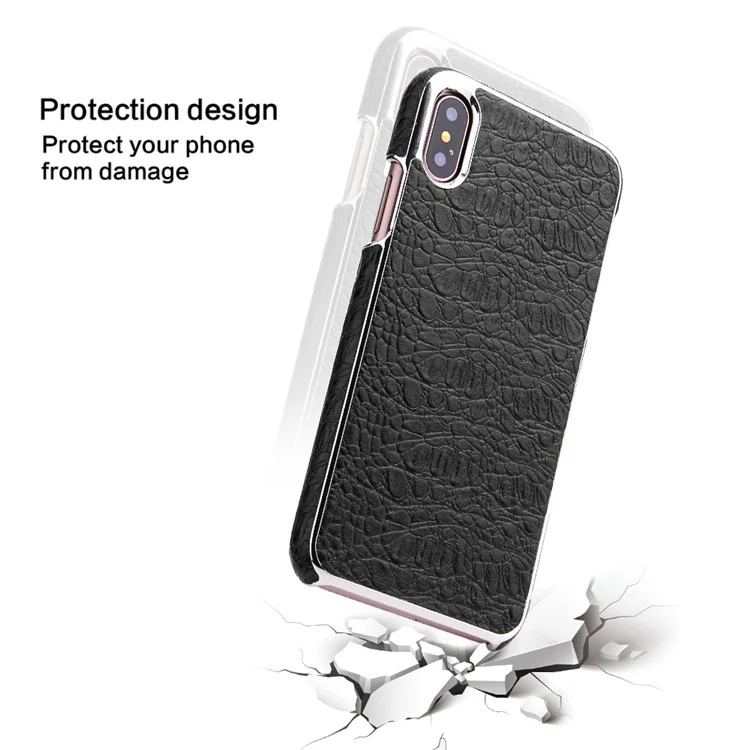 FIERRE SHANN Crocodile Texture Top-layer Cowhide Genuine Leather Coated PC Plated Case for iPhone X/10 - Black