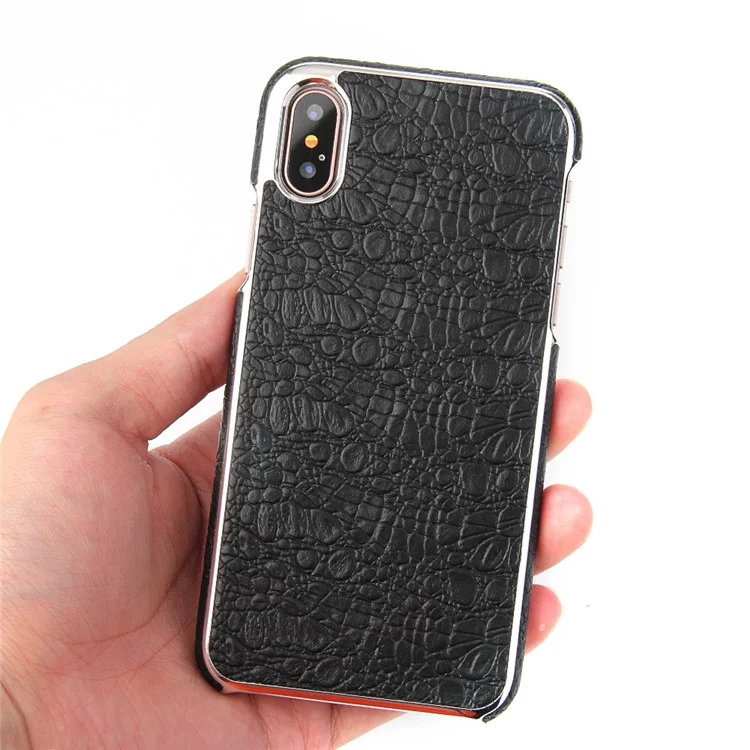 FIERRE SHANN Crocodile Texture Top-layer Cowhide Genuine Leather Coated PC Plated Case for iPhone X/10 - Black