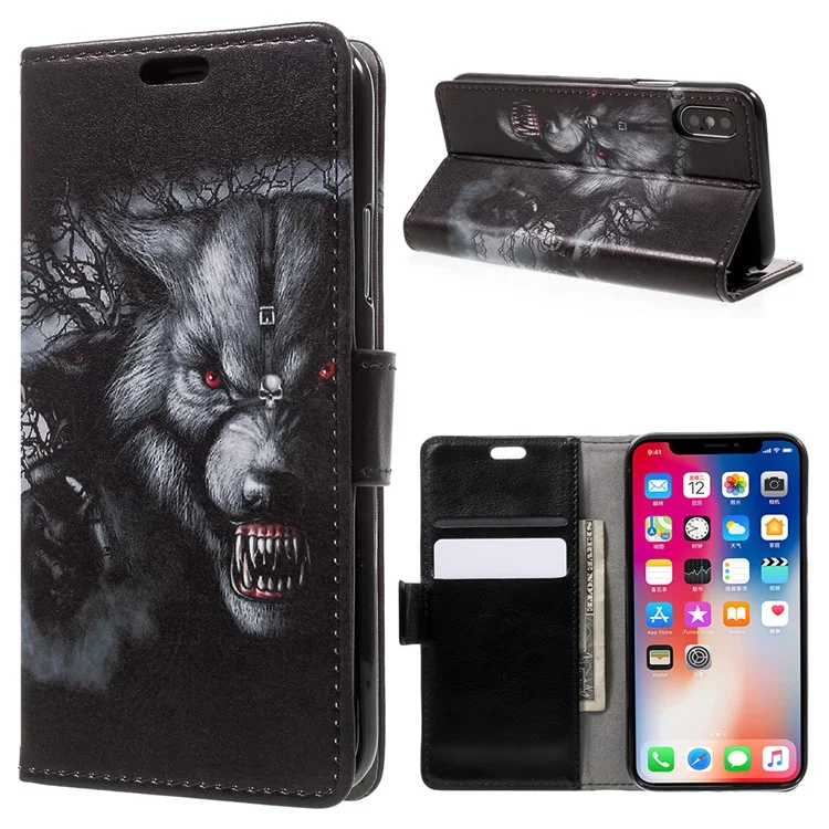 Patterned Wallet Stand Leather Phone Case for iPhone X (Ten) 5.8 Inch - Grey Fierce Wolf