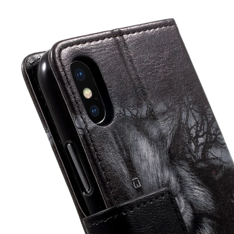 Patterned Wallet Stand Leather Phone Case for iPhone X (Ten) 5.8 Inch - Grey Fierce Wolf
