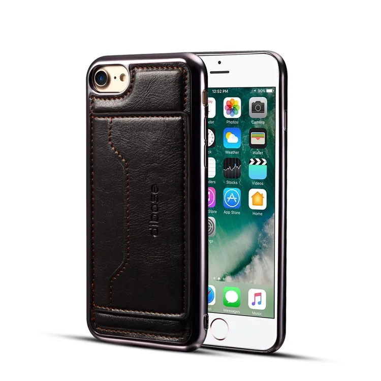 For iPhone 8 / 7 4.7 inch Leather Coated Plated TPU Kickstand Shell with Card Slot - Black