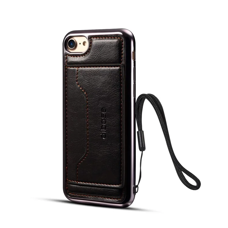 For iPhone 8 / 7 4.7 inch Leather Coated Plated TPU Kickstand Shell with Card Slot - Black