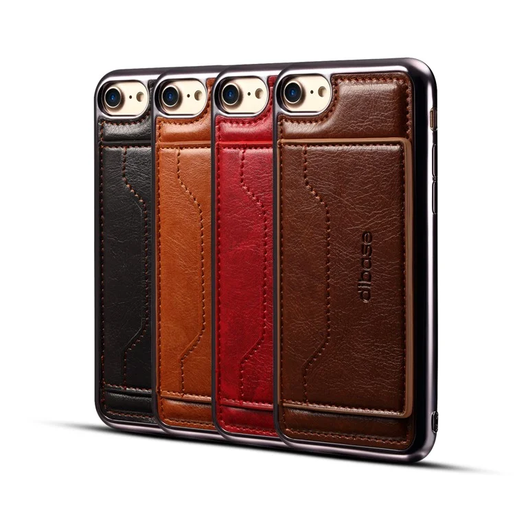 For iPhone 8 / 7 4.7 inch Leather Coated Plated TPU Kickstand Shell with Card Slot - Black