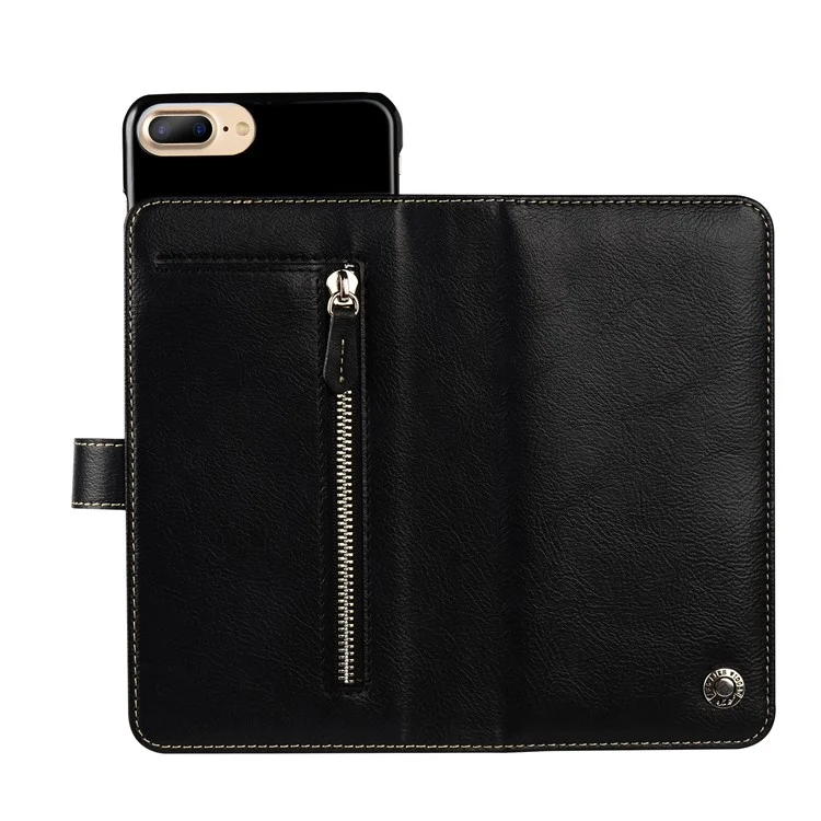 WUW PU Leather Wallet Protective Case with Zipper Pocket for iPhone 8 Plus / 7 Plus 5.5 inch - Black