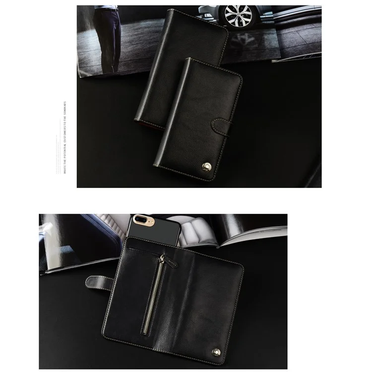 WUW PU Leather Wallet Protective Case with Zipper Pocket for iPhone 8 Plus / 7 Plus 5.5 inch - Black