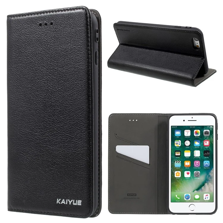 KAIYUE Magnetic Absorption Fine Series Genuine Leather Case with Card Holder for iPhone 6s / 6 4.7 inch - Black