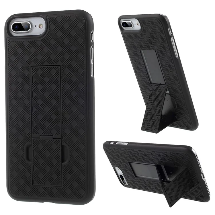 Grid Pattern Plastic Belt Clip Kickstand Holster Phone Case for iPhone 8 Plus / 7 Plus 5.5 inch - Black