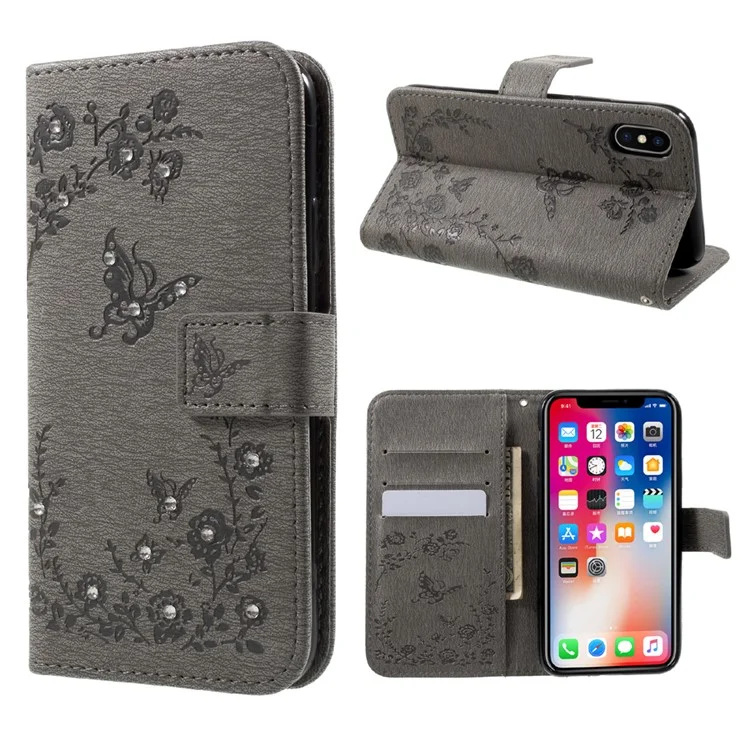 Imprinted Butterfly Flowers Rhinestone Leather Wallet Stand Case for iPhone X(Ten) - Grey