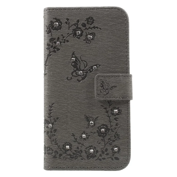 Imprinted Butterfly Flowers Rhinestone Leather Wallet Stand Case for iPhone X(Ten) - Grey