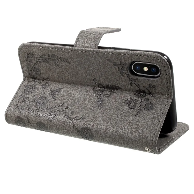 Imprinted Butterfly Flowers Rhinestone Leather Wallet Stand Case for iPhone X(Ten) - Grey