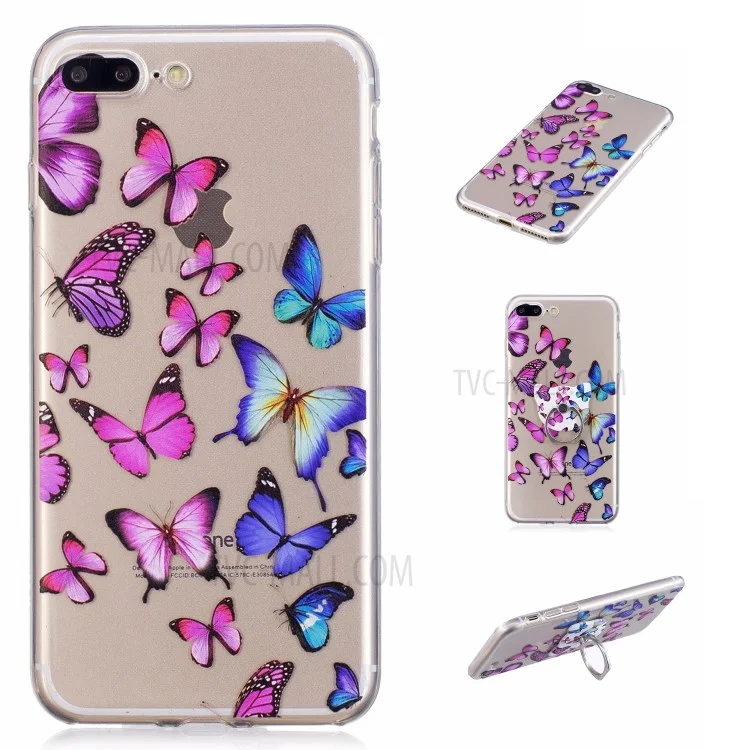 Pattern Printing Embossed TPU Case with Finger Grip Stand for iPhone 8 Plus / 7 Plus - Colorized Butterflies