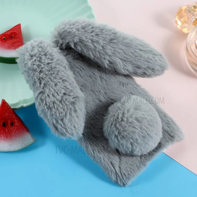 Rabbit Shape Fluffy Fur Coated Rhinestone TPU Case for iPhone X - Light Grey
