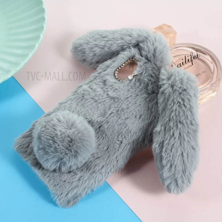 Rabbit Shape Fluffy Fur Coated Rhinestone TPU Case for iPhone X - Light Grey