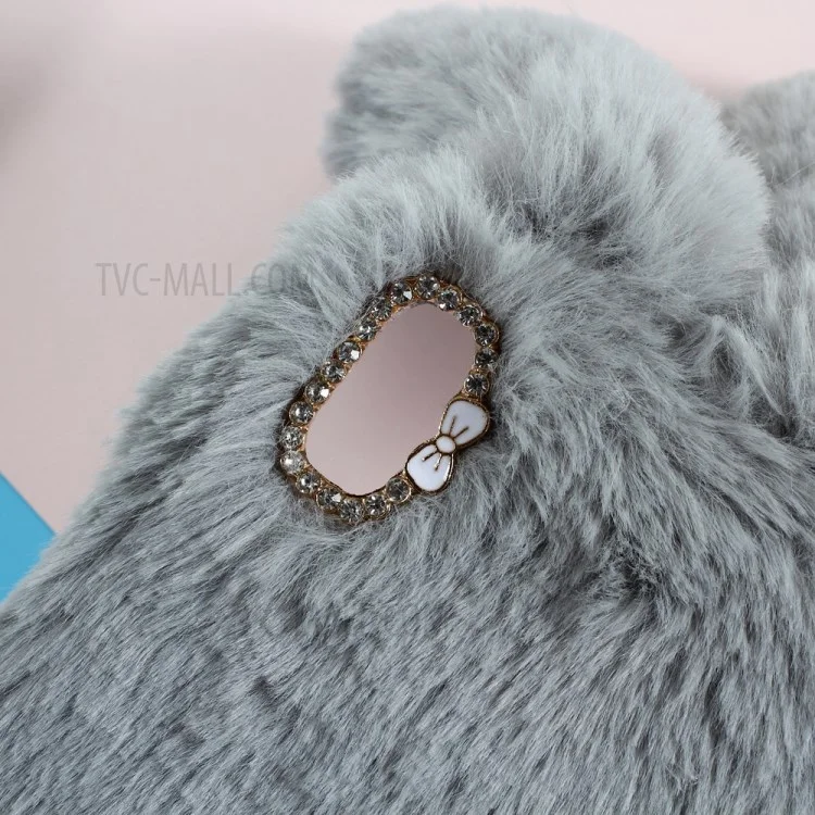 Rabbit Shape Fluffy Fur Coated Rhinestone TPU Case for iPhone X - Light Grey