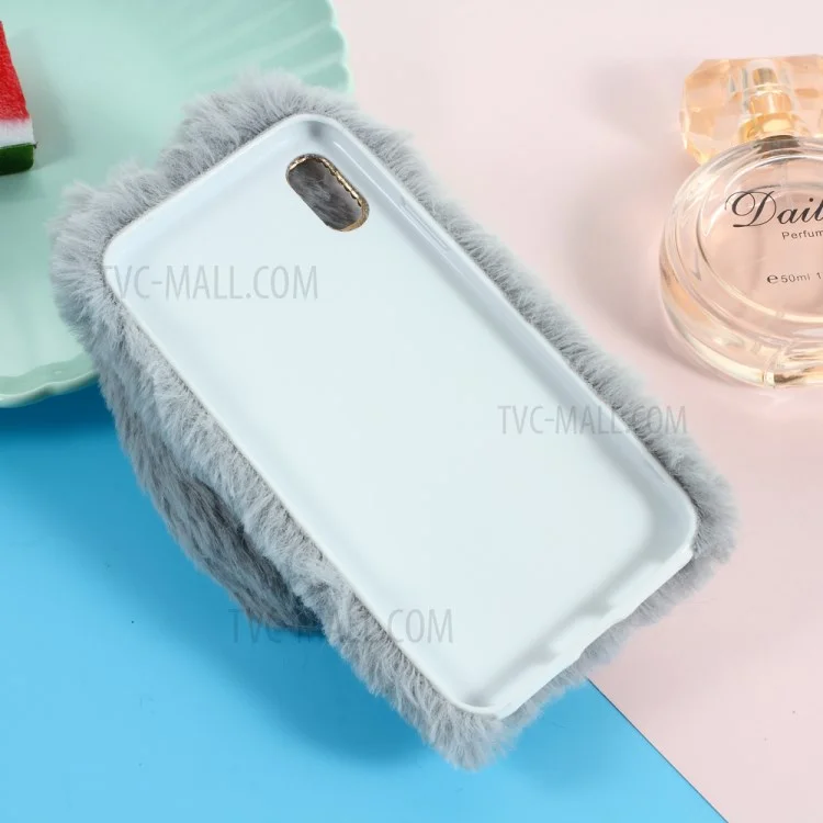 Rabbit Shape Fluffy Fur Coated Rhinestone TPU Case for iPhone X - Light Grey