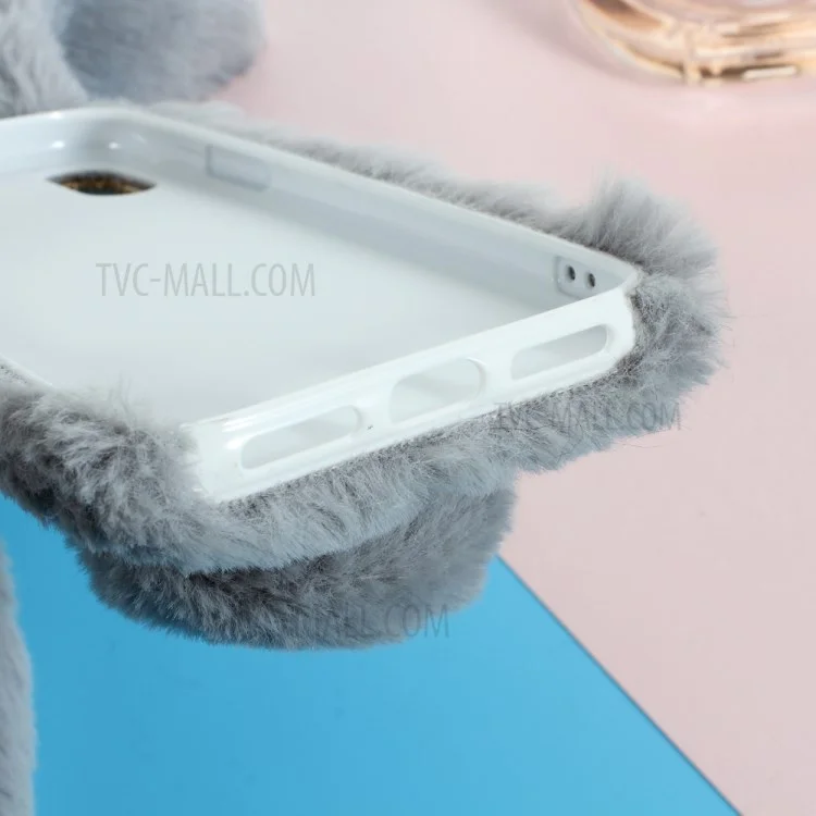 Rabbit Shape Fluffy Fur Coated Rhinestone TPU Case for iPhone X - Light Grey