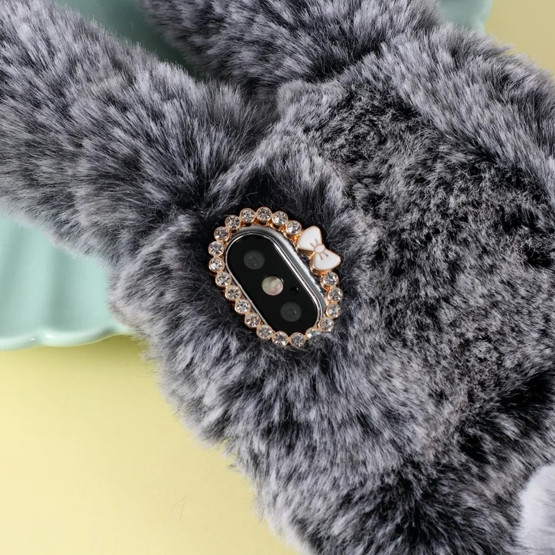 Rabbit Shape Fluffy Fur Coated Rhinestone TPU Gel Case for iPhone XS/X 5.8 inch - Coffee
