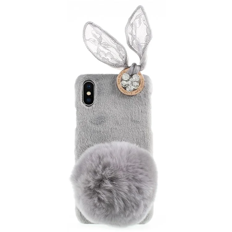 Cute Rabbit Pattern Soft Furry PC Stand Back Mobile Phone Case with Rhinestone Decor for iPhone X (Ten) - Grey