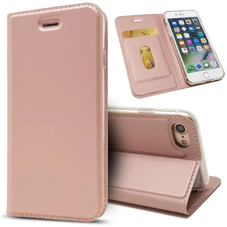 Magnetic Adsorption Stand Leather Card Holder Cover for iPhone 8 / 7 4.7 inch - Rose Gold